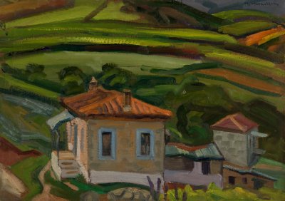 Kastraki, Spring Landscape — Oil painting, Fiberboard, 35.00×50.00cm — Theodoros Markellos